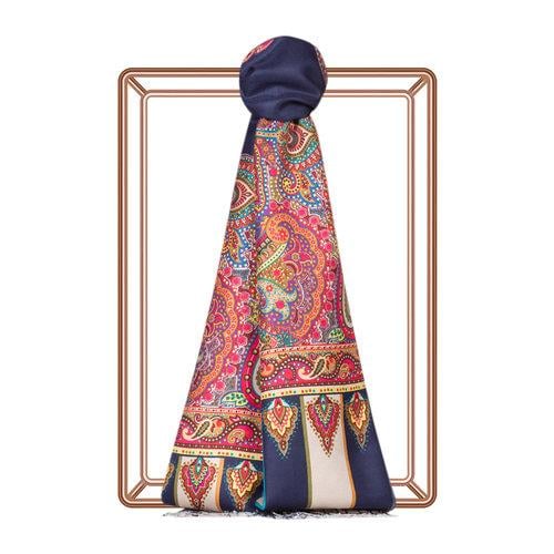 İpekevi Lacivert Çerçeve Paisley Desenli İpek Şal 6564 - LACİVERT