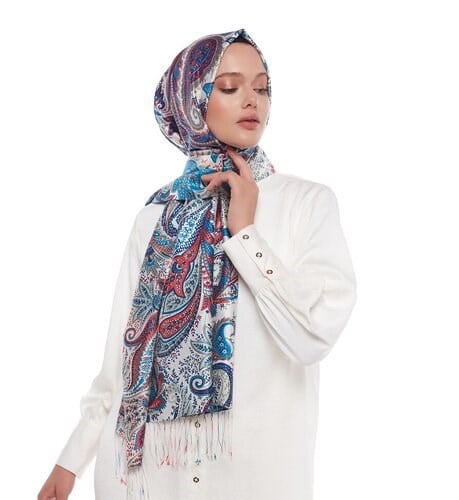 İpekevi Turkuaz Paisley Desenli İpek Şal 6572 - Turkuaz