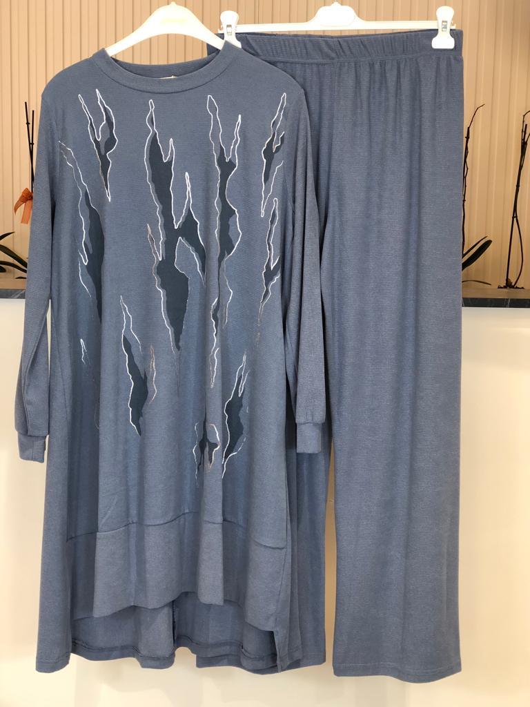 Kendinden Desenli Pantolonlu Takım 4432 - indigo mavi
