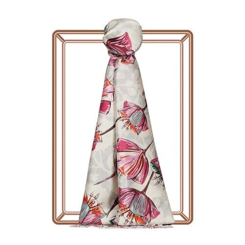 Krem Fuşya Gardenia Desenli İpek Şal 7797 - krem