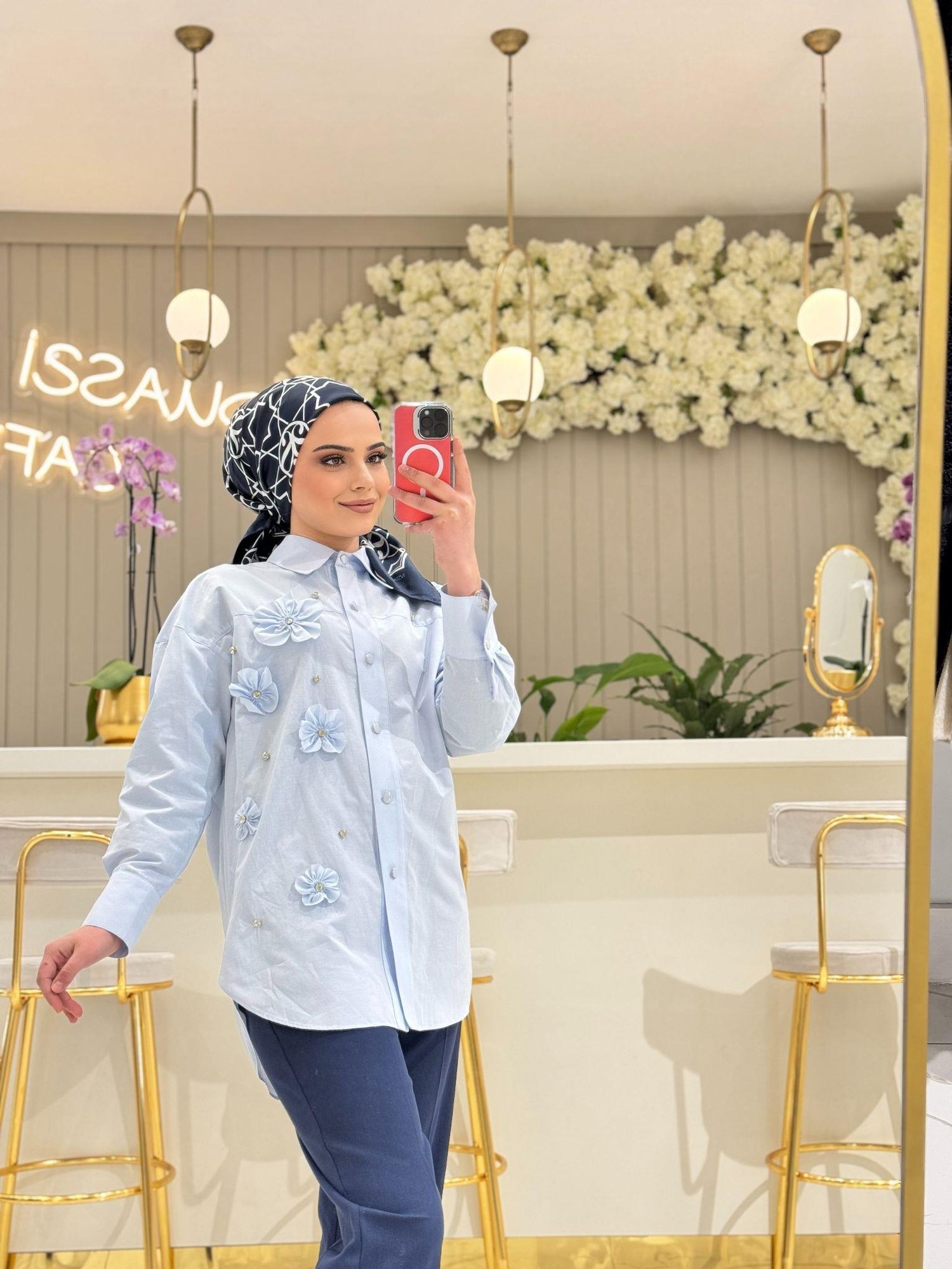 My312 Çiçek Detaylı Gömlek 8609 - MAVİ