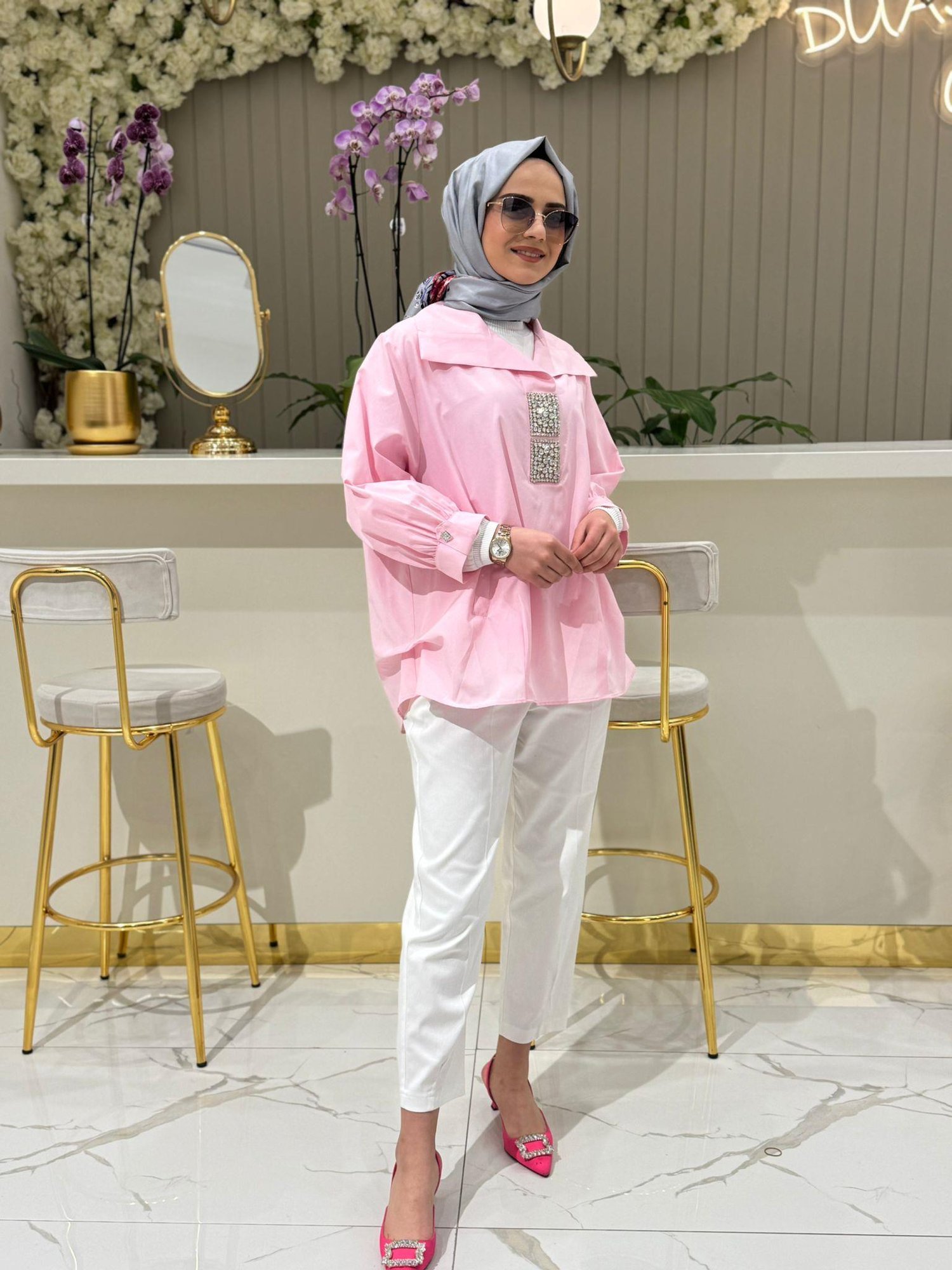 My312 Kare Taşlı Gömlek 8605 - PEMBE
