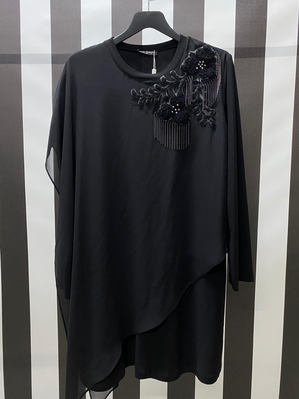 Omzu Yaprak Detaylı Bluz 7364 - SİYAH