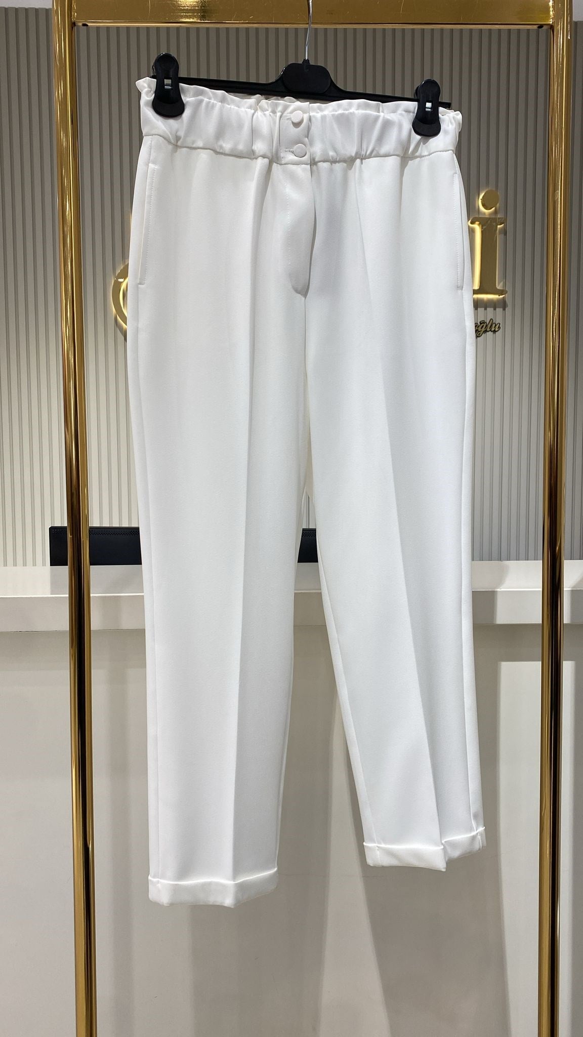 Sentez 5514 Beli Lastikli İnce Duble Paça Pantolon