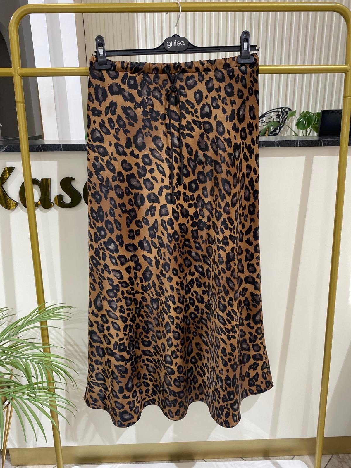 Sentez Leopar Saten Kiloş Etek 5451 - KAHVE