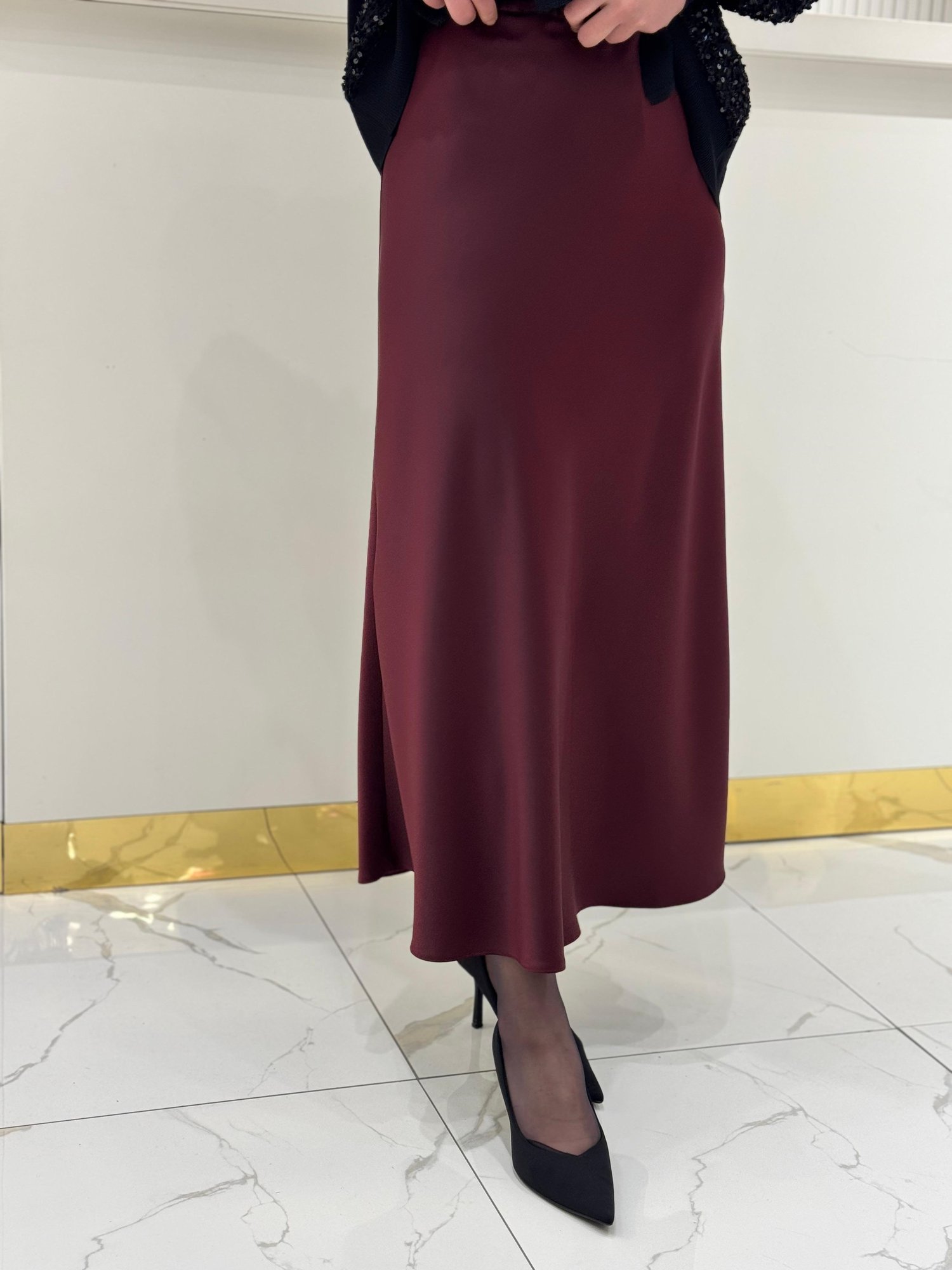 Sentez Luna Saten Volanlı Etek 5457 - BORDO