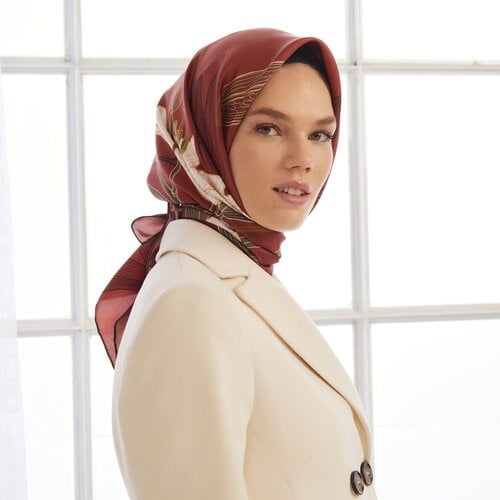 Terracotta Lilyum Tivil İpek Eşarp 1255 - Kırmızı
