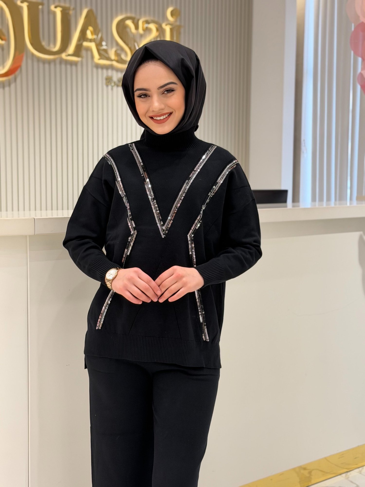 Tkm.21751.1 Şerit Payet Detaylı Pantolonlu Triko Takım