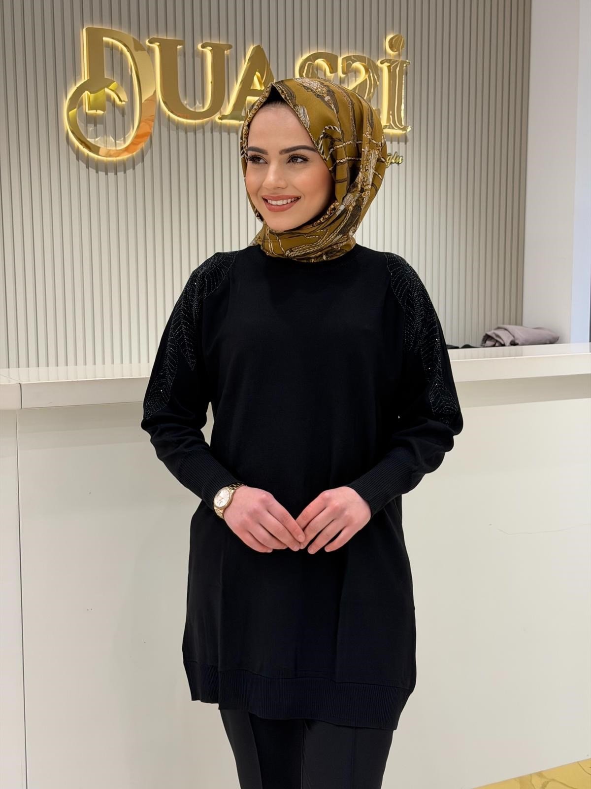 Tnk.21721.1 Omzu Yaprak Taş Baskılı Rayon Tunik