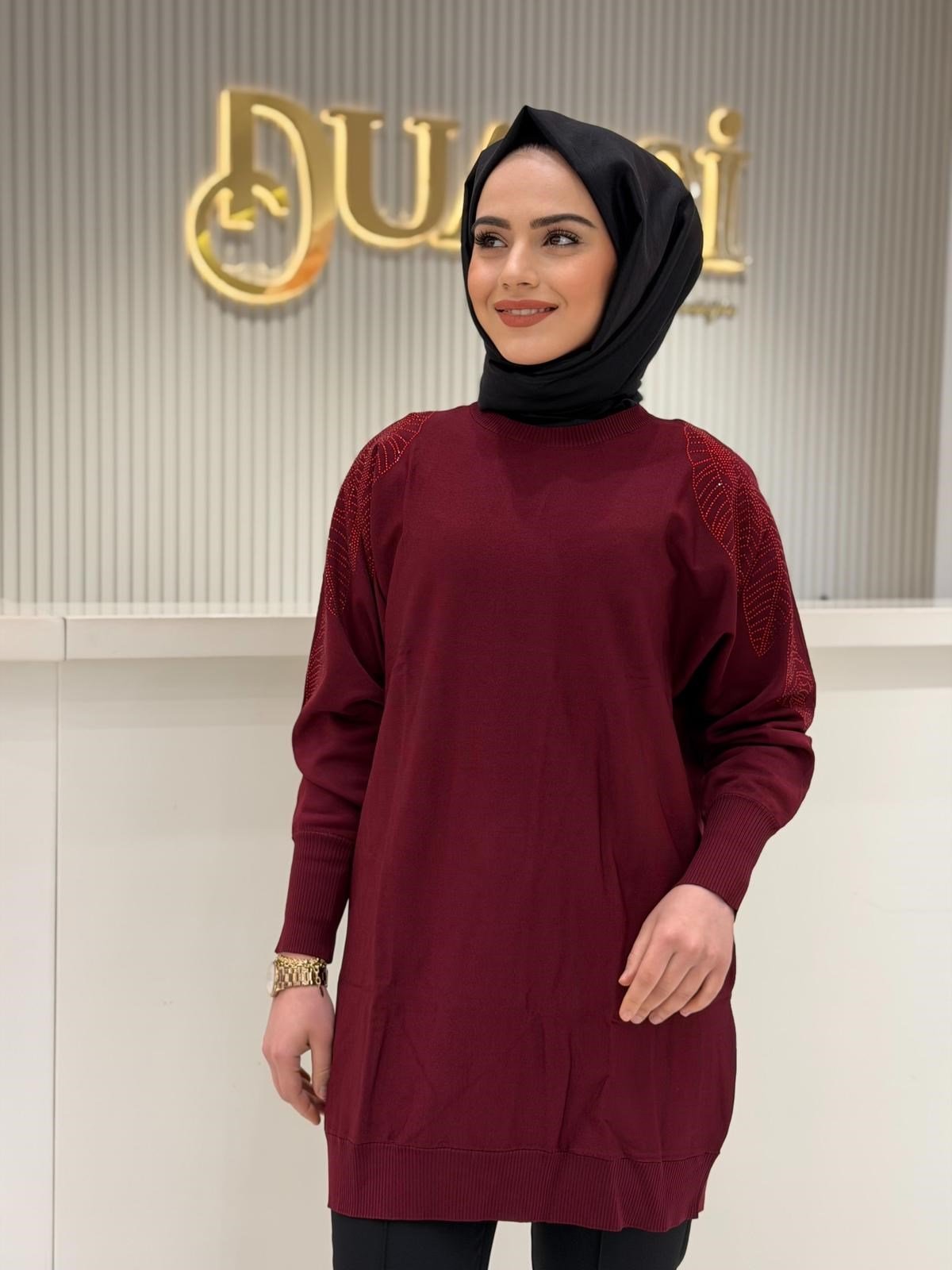 Tnk.21721.1 Omzu Yaprak Taş Baskılı Rayon Tunik
