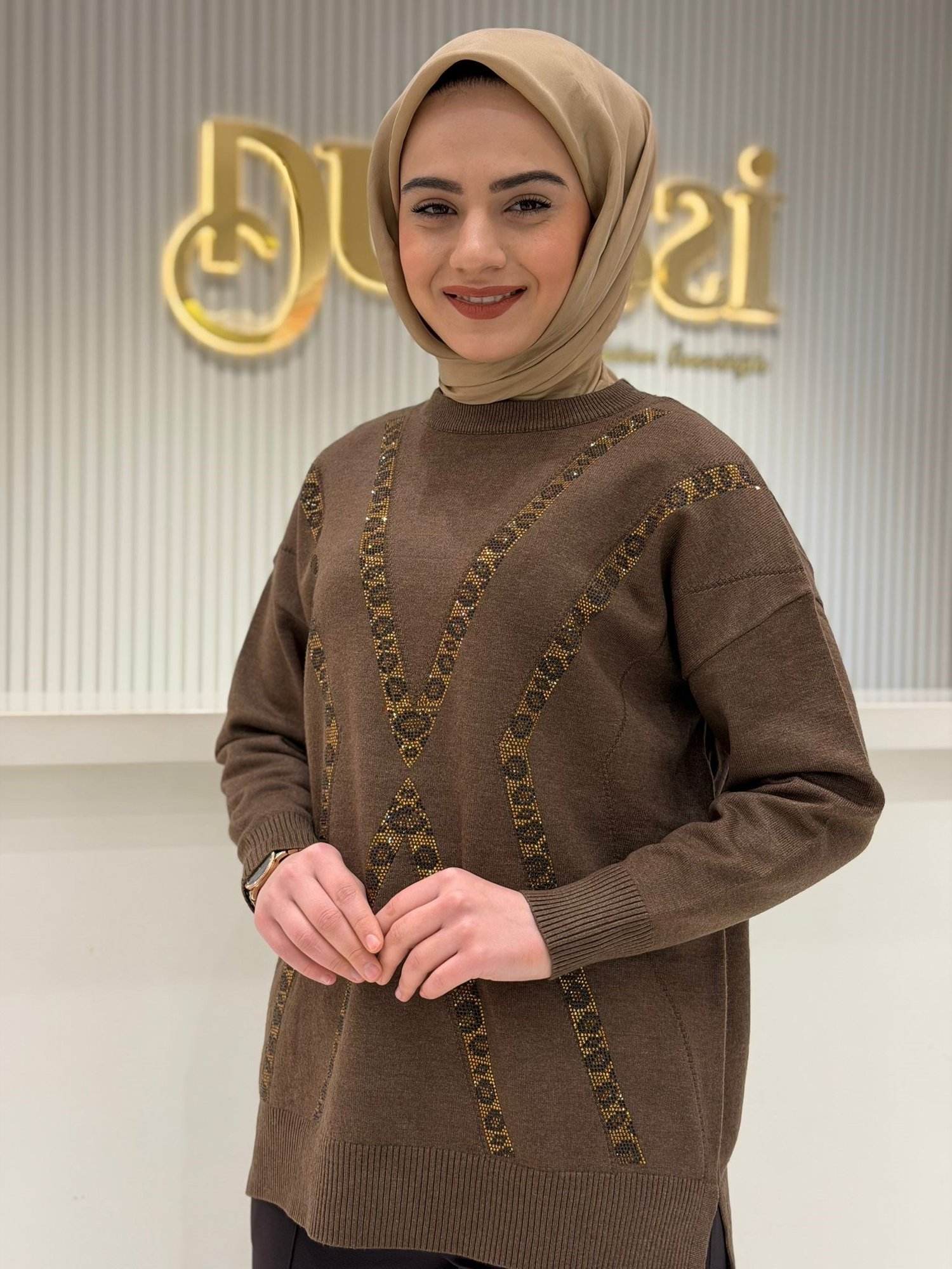Tnk.21763.1 Leopar Taşlı Triko Tunik