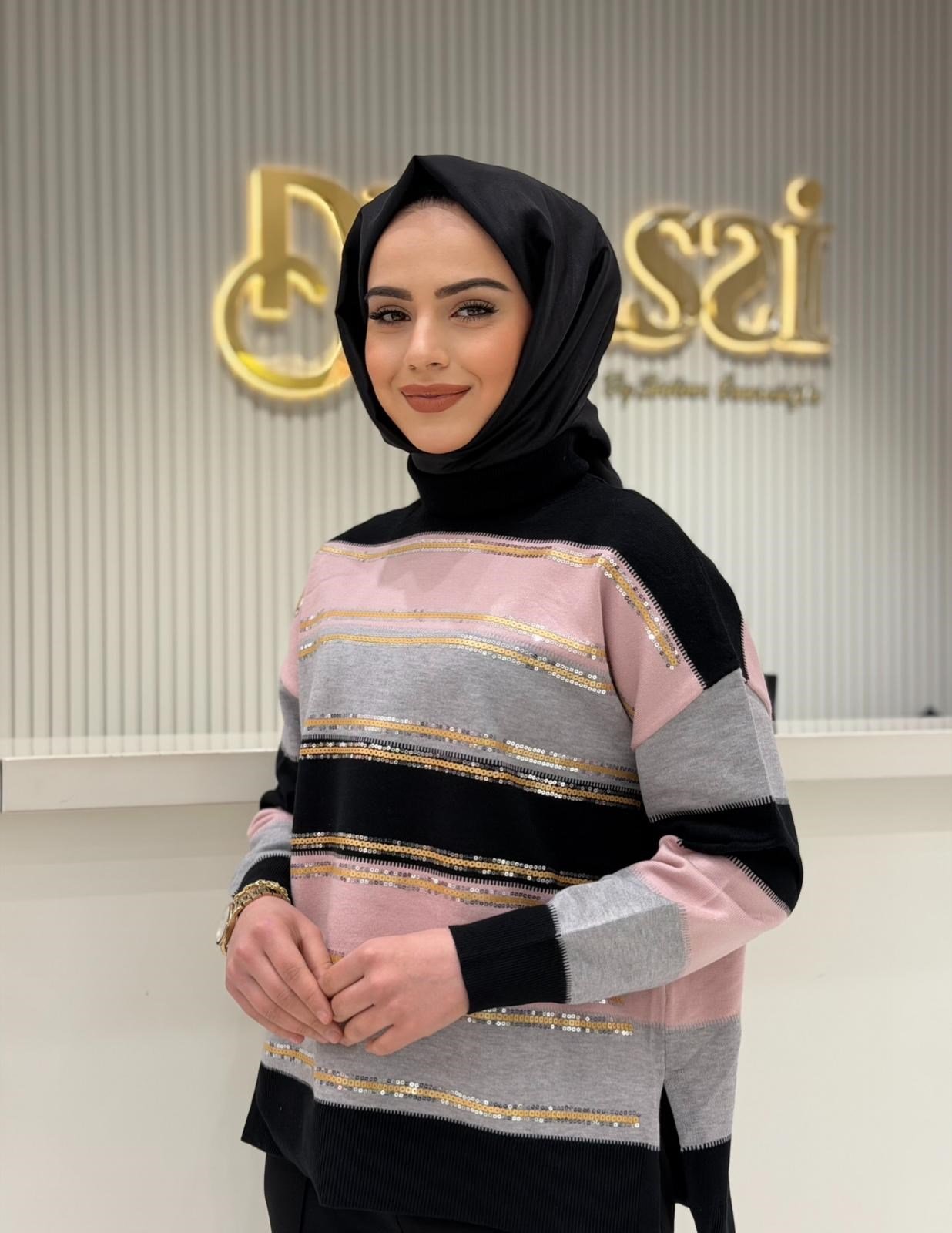 Tnk.21764.1 Renkli Çizgili Payet Şeritli Triko Bluz