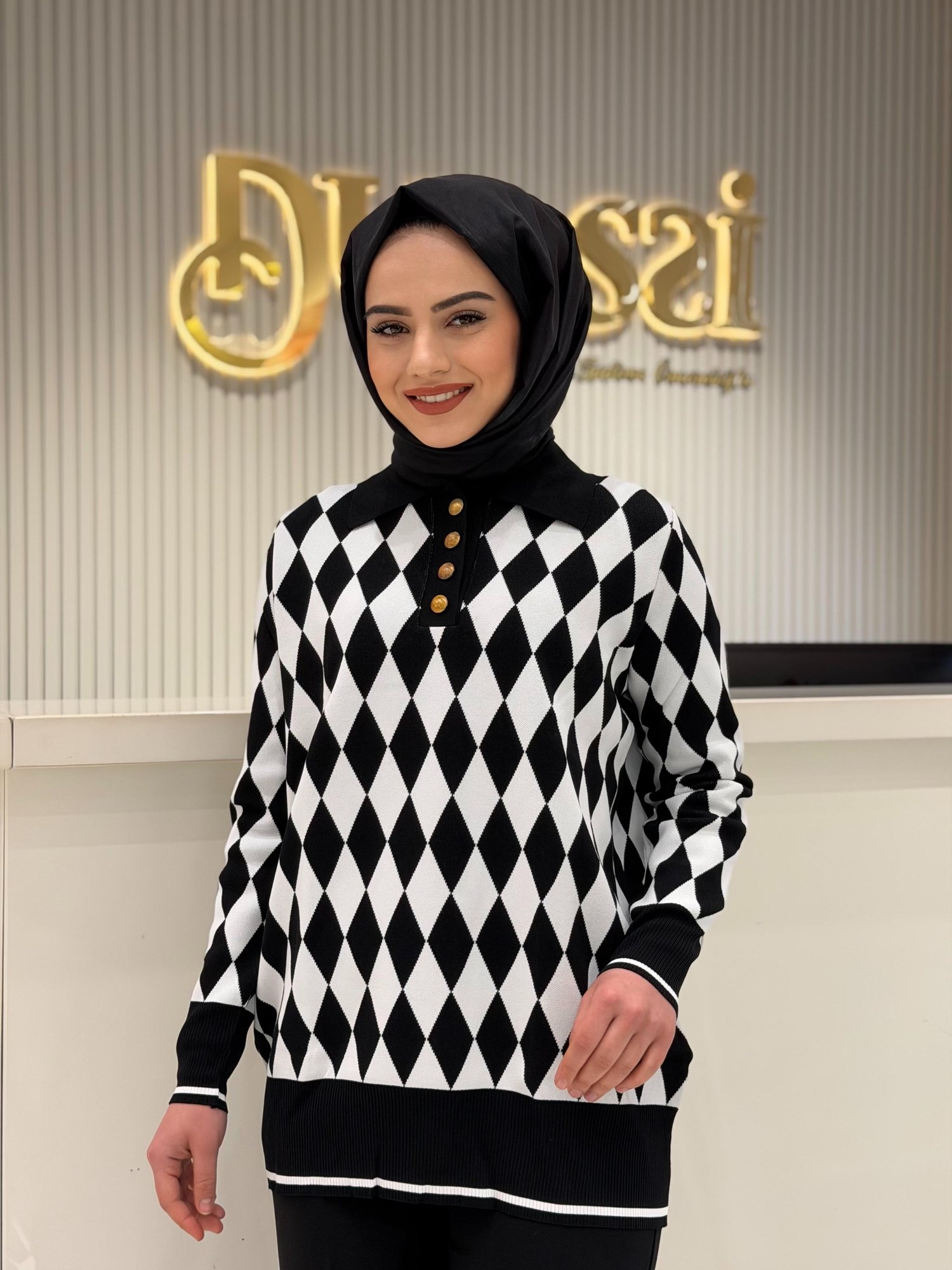 Tnk.21849.1 Polo Yakalı Baklava Desenli tunik