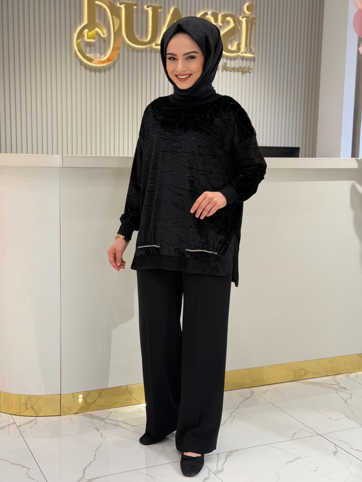 Tnk.4009.01 Pırıltı Kadife Triko Ribana Ve Kumaş Mixli Tunik