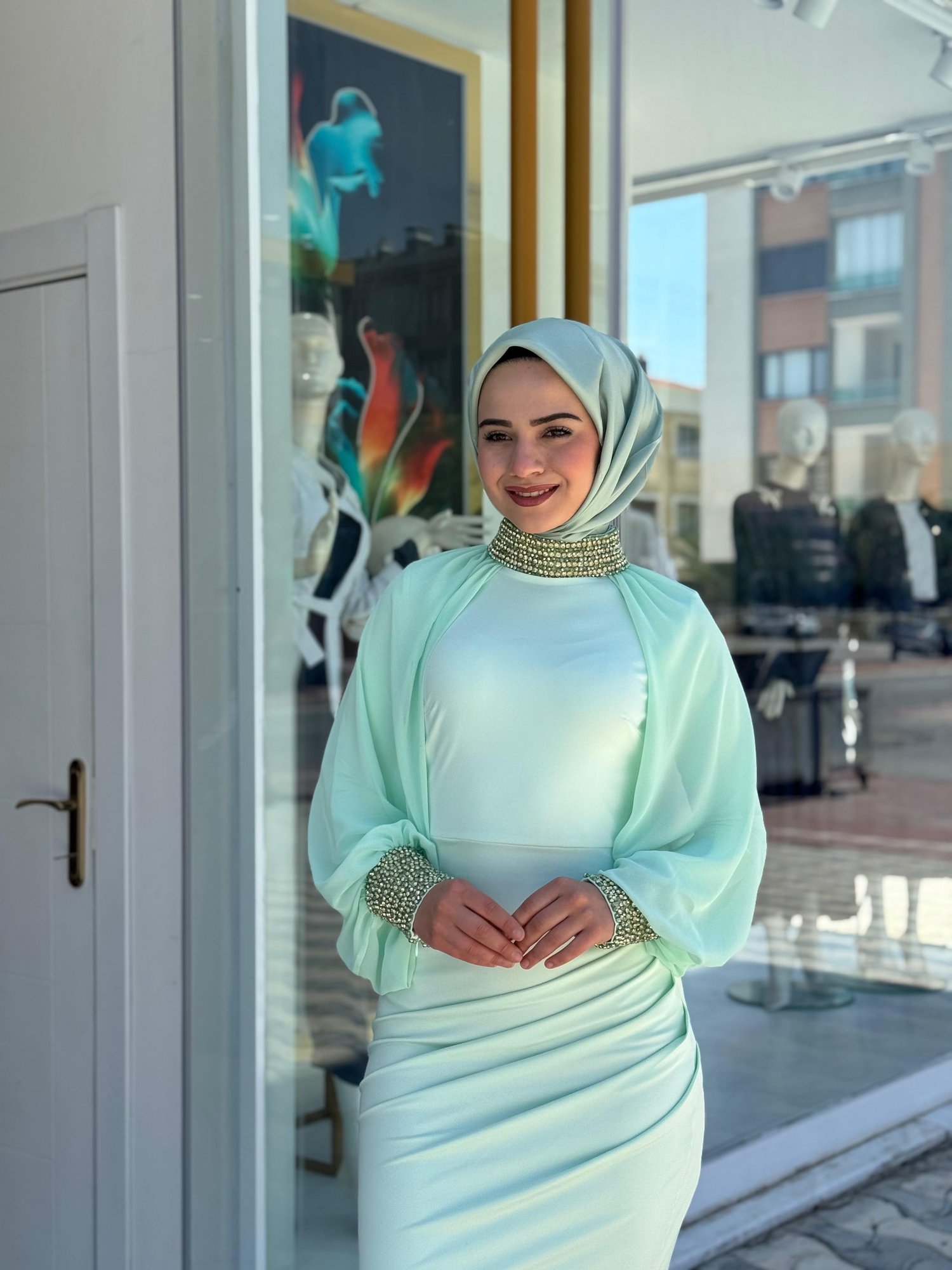 White Corner 3252 Abaya  - SU YEŞİLİ
