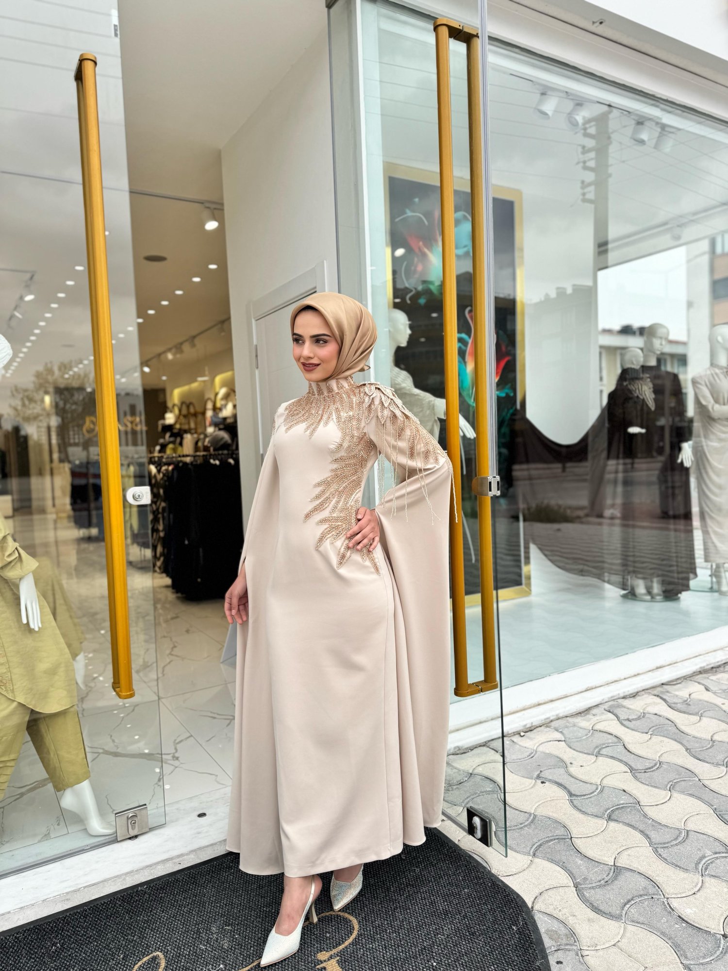 White Corner Abiye Elbise 2958 - BEJ