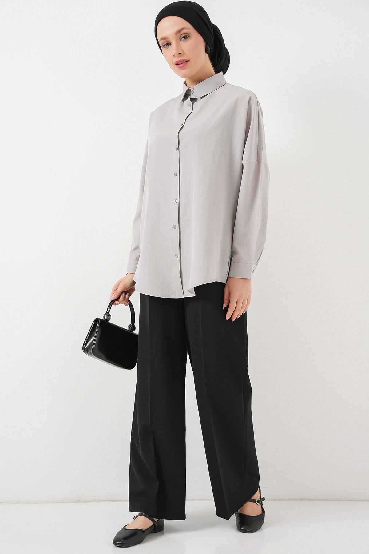 103901 Oversize Basic Tesettür Gömlek - A.Gri