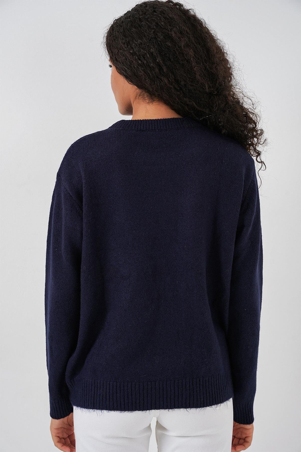 15895 Kadın Oversize Triko Kazak - K. Lacivert