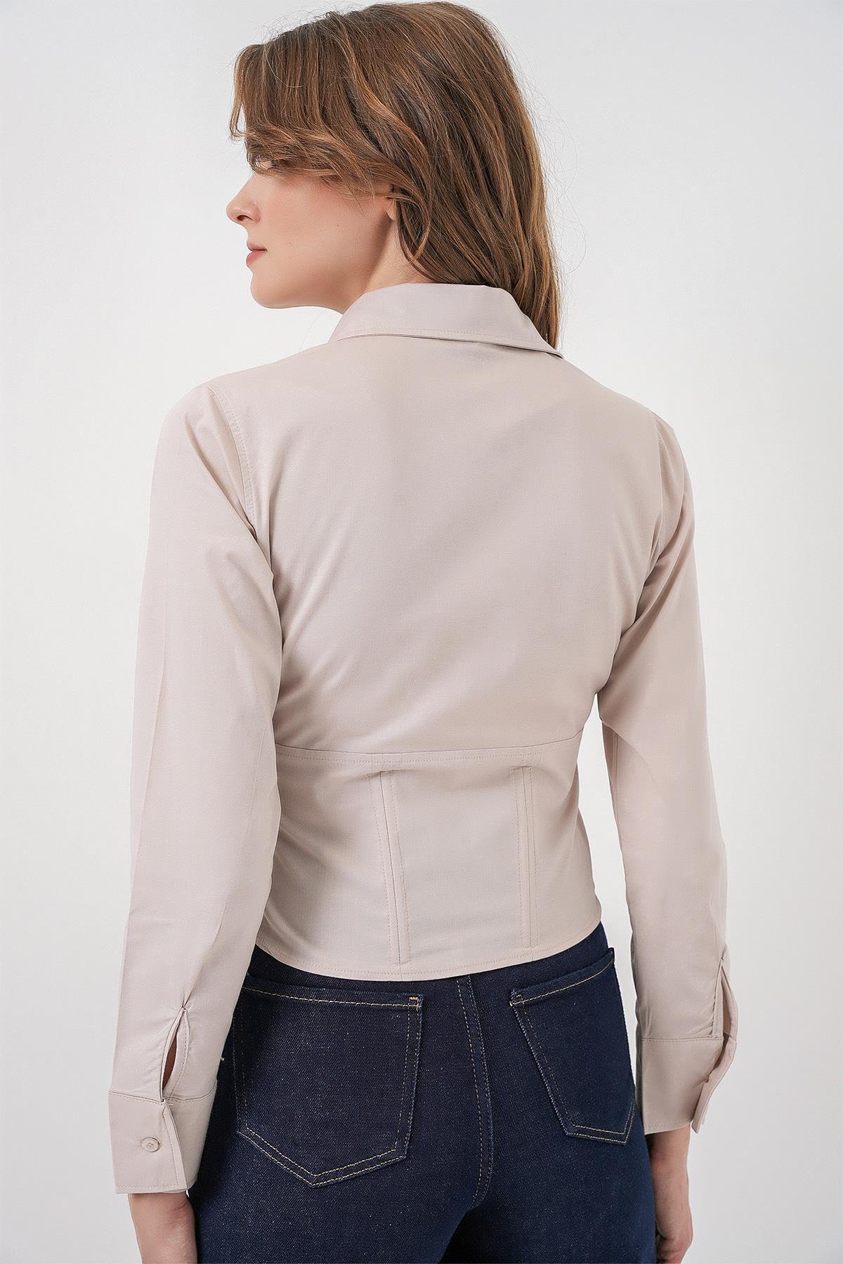 20231 Slim Fit Poplin Gömlek - Krem
