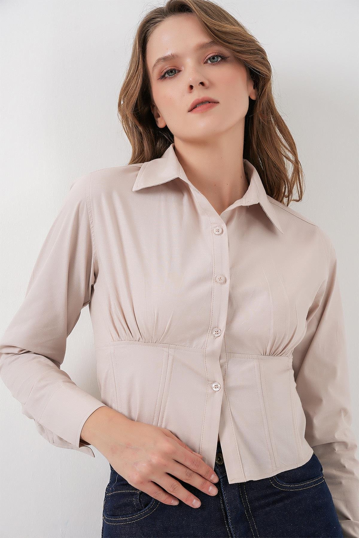20231 Slim Fit Poplin Gömlek - Krem