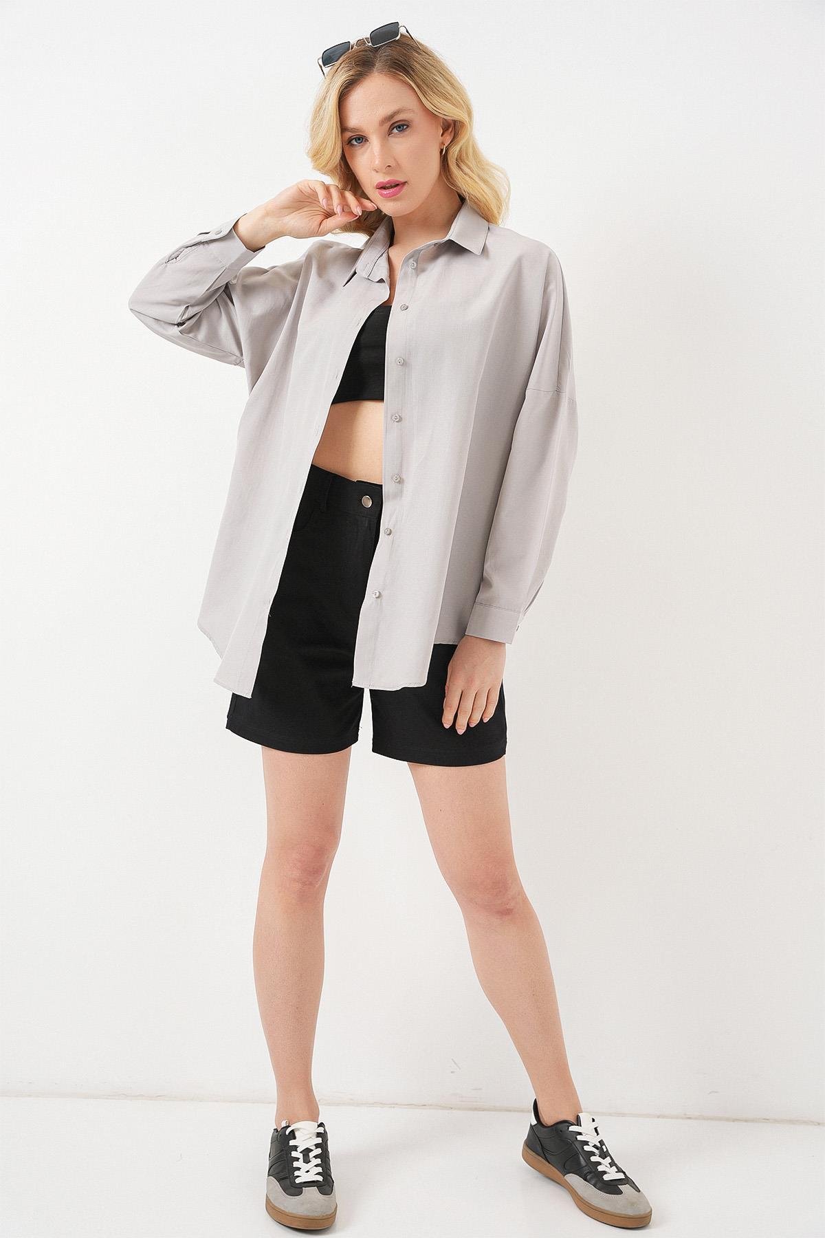 3900 Oversize Uzun Basic Gömlek - A.Gri
