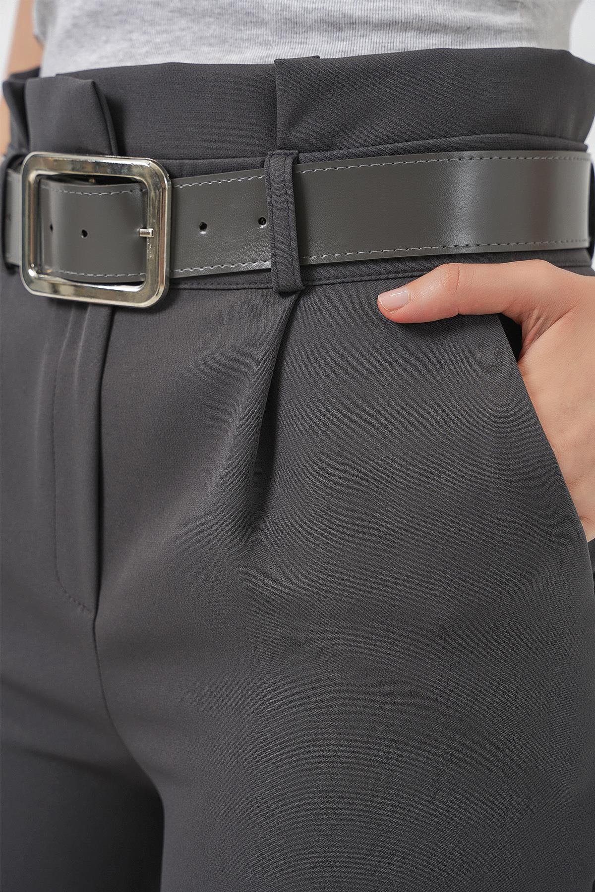 6556 Kemerli Kumaş Pantolon - Antrasit