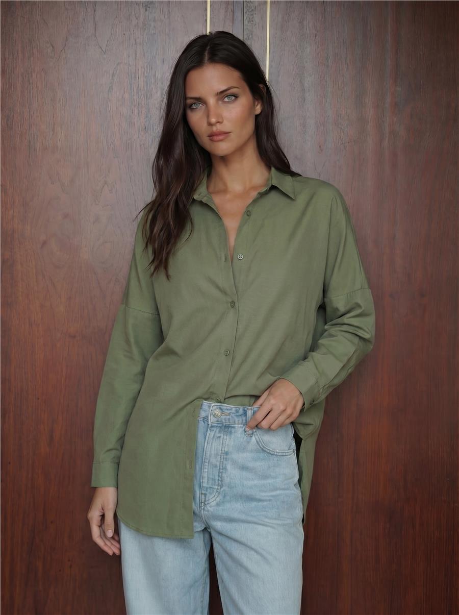 A.Haki Oversize Uzun Basic Gömlek