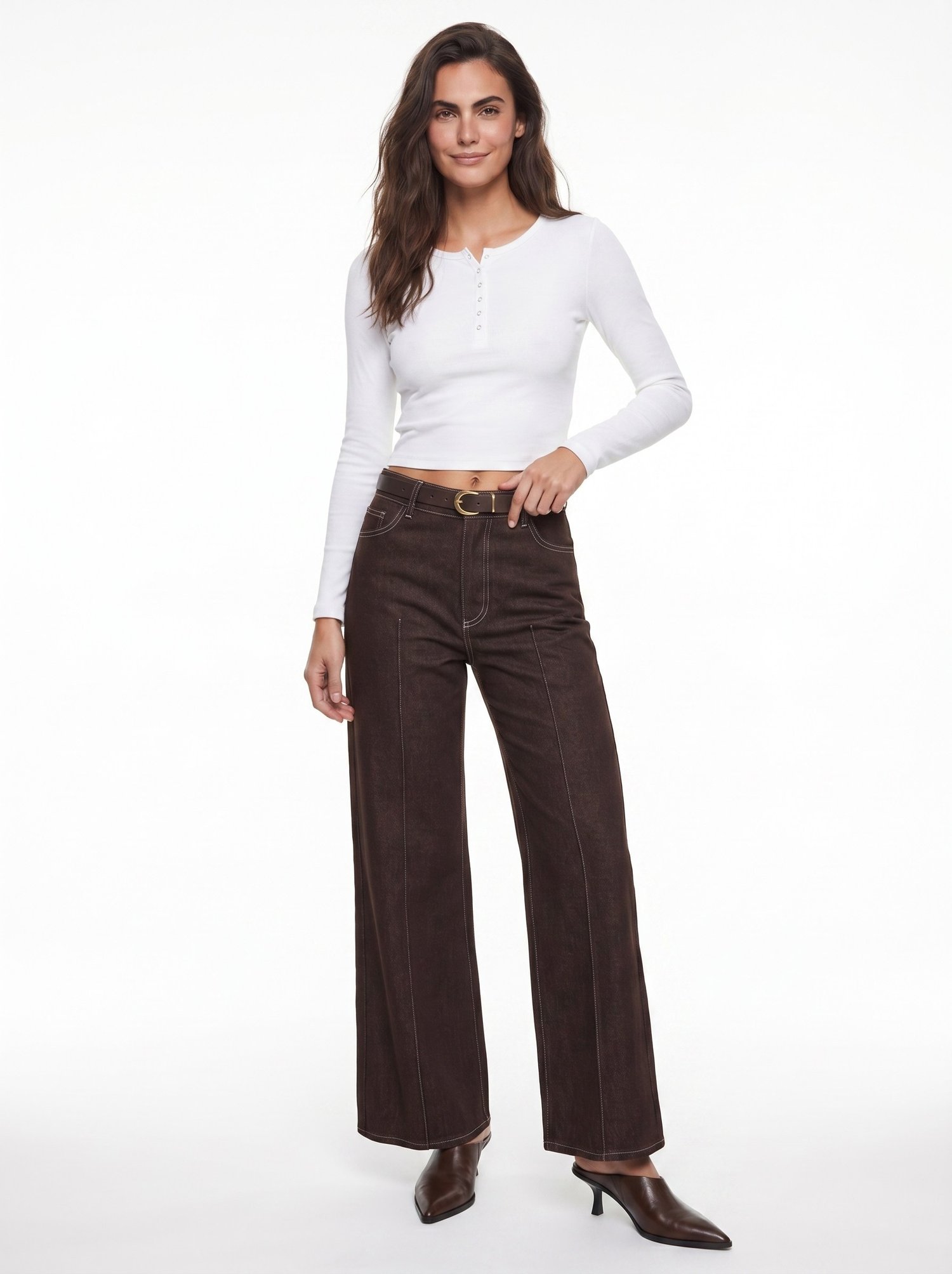 Acı Kahve Kemerli Geniş Jeans