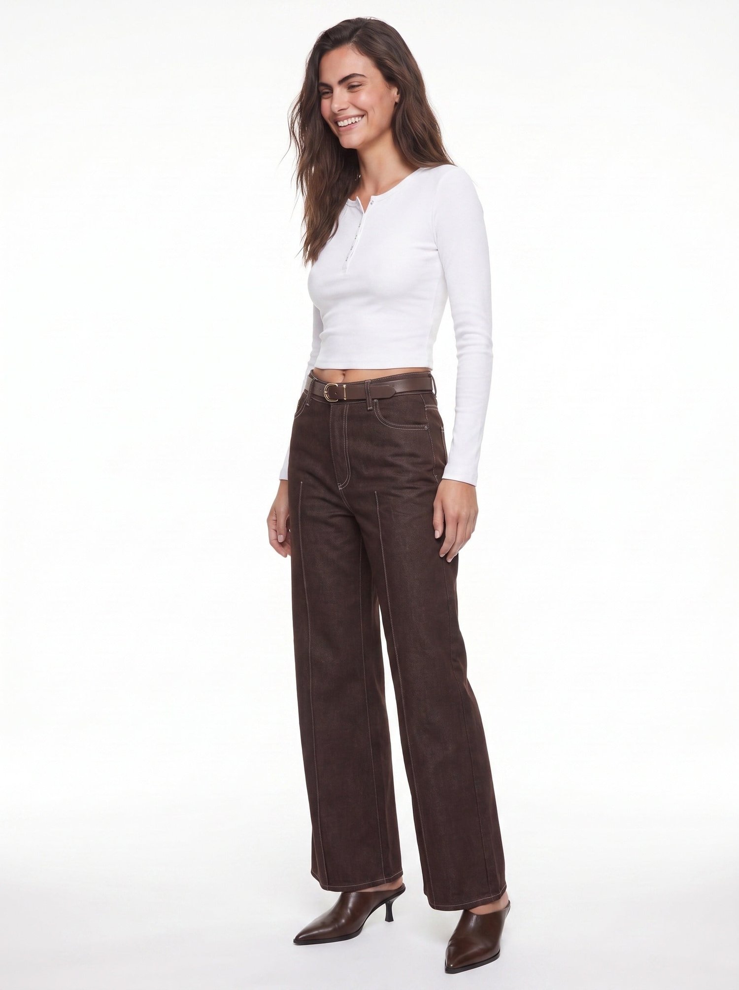 Acı Kahve Kemerli Geniş Jeans