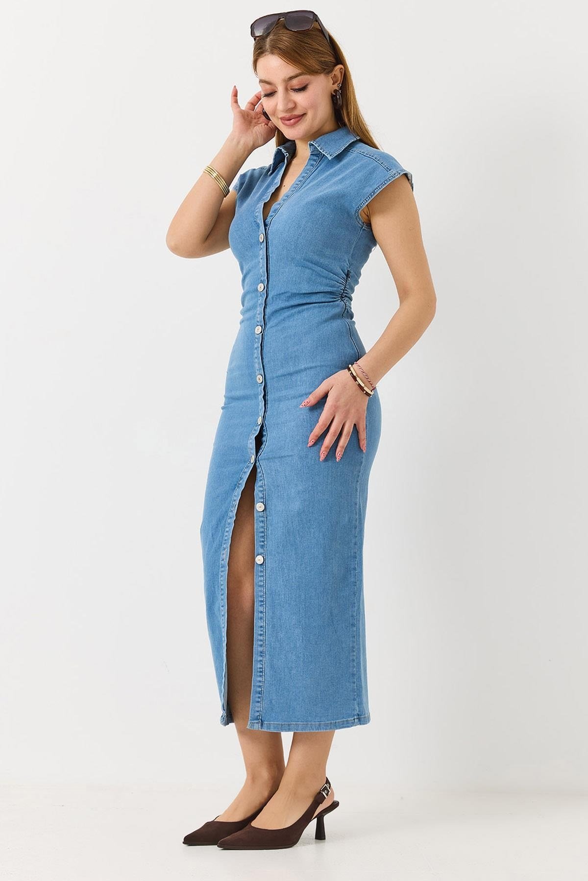 Açık Mavi Drape Detaylı Elbise