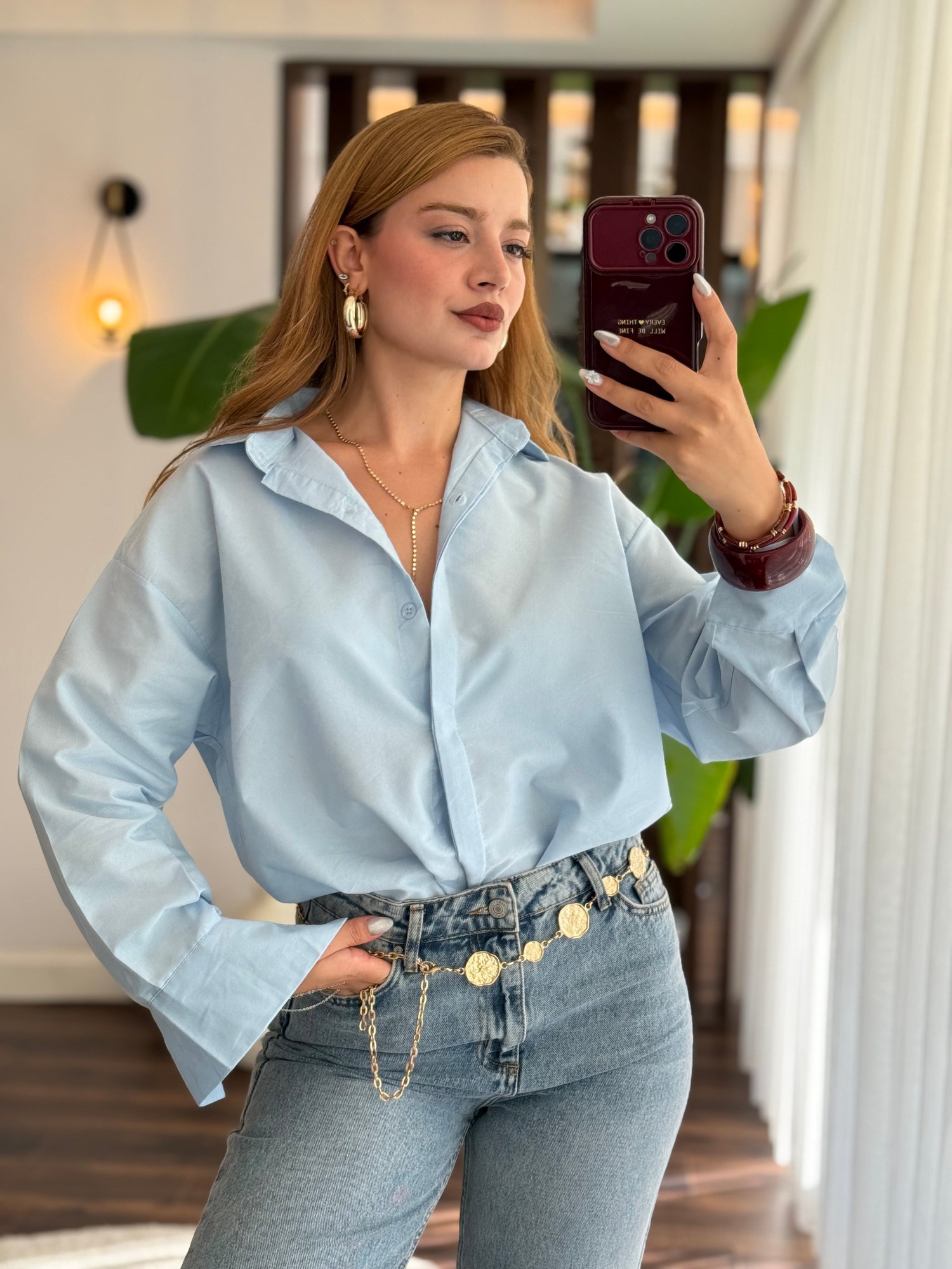 Açık Mavi Oversize Basic Gömlek