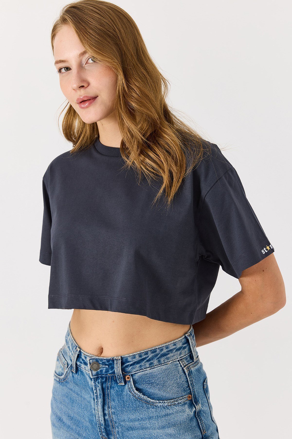 Antrasit Bisiklet Yaka Crop Bluz