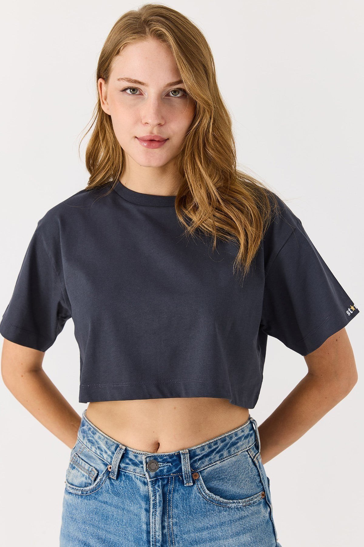 Antrasit Bisiklet Yaka Crop Bluz