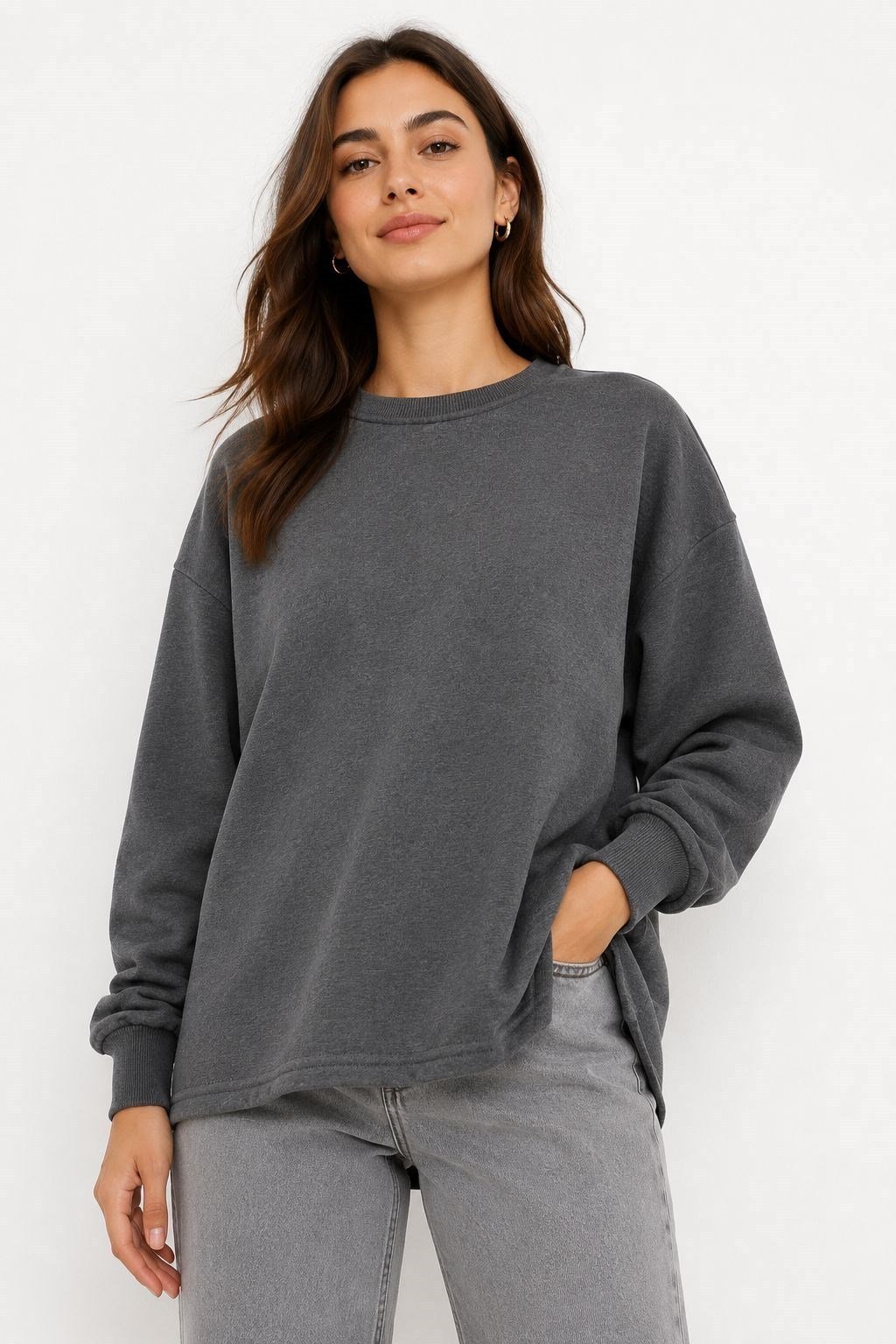 Antrasit Bisiklet Yaka Yırtmaçlı Sweatshirt