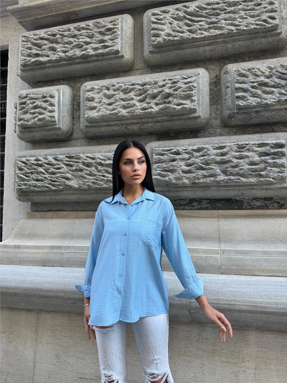 Bebe Mavi %100 Pamuk Kırışık Oversize Gömlek