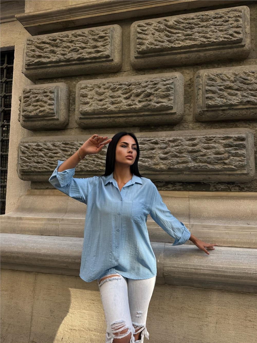 Bebe Mavi %100 Pamuk Kırışık Oversize Gömlek