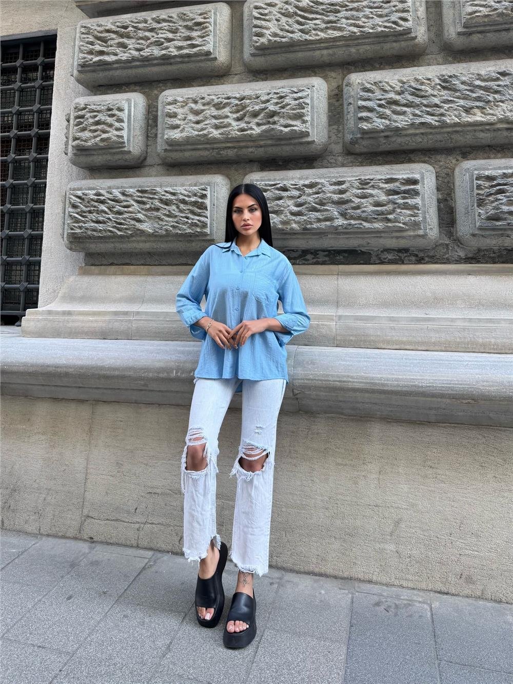Bebe Mavi %100 Pamuk Kırışık Oversize Gömlek