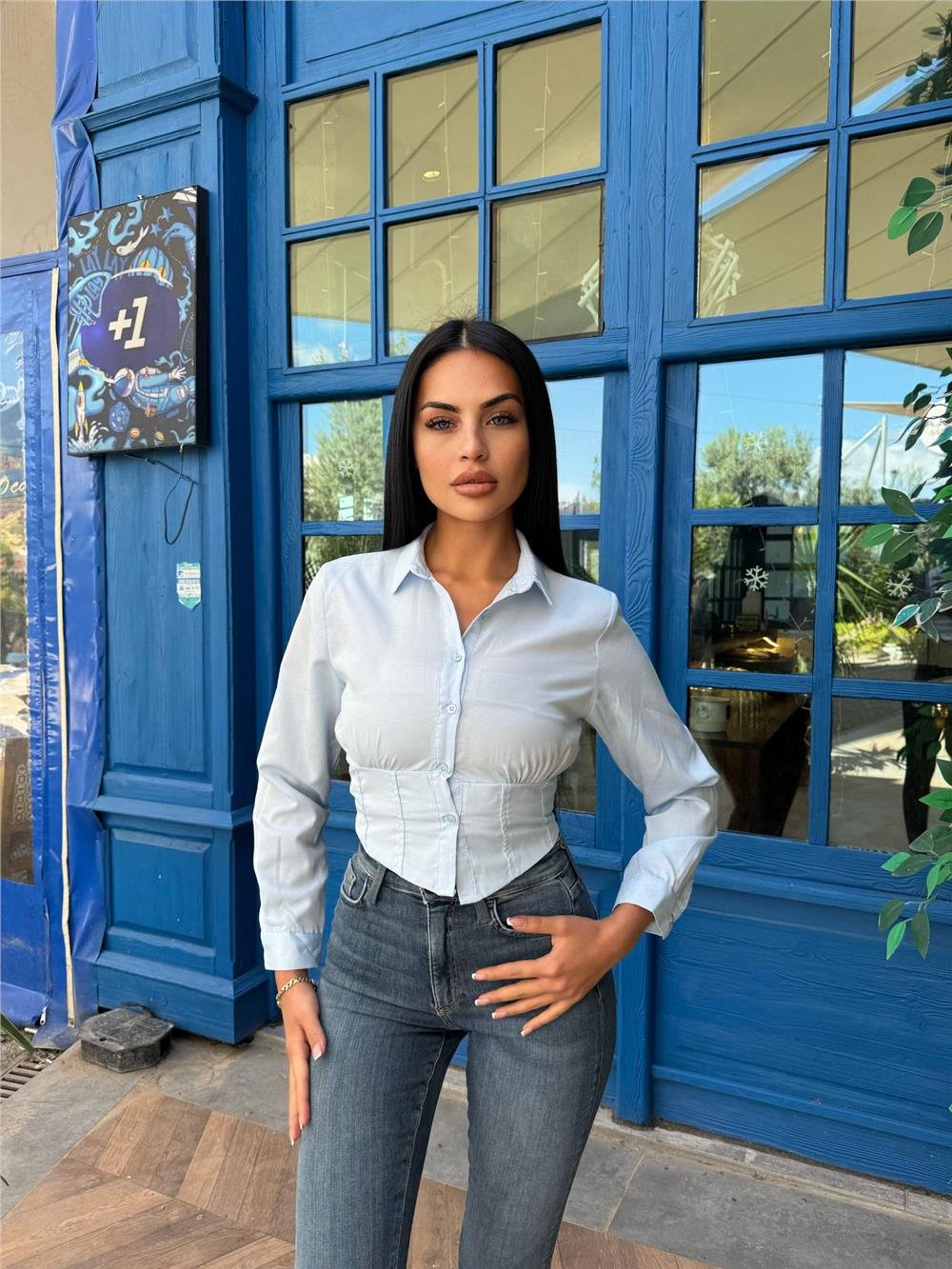 Bebe Mavi Polyester Parçalı Desenli Gömlek