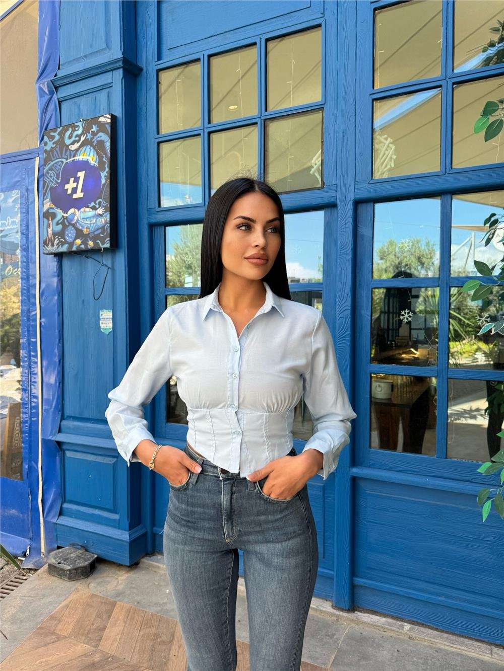 Bebe Mavi Polyester Parçalı Desenli Gömlek