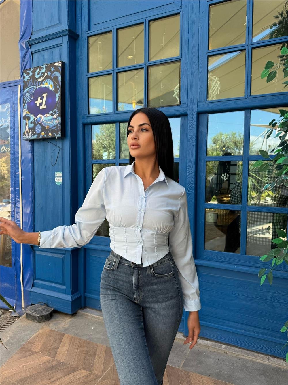 Bebe Mavi Polyester Parçalı Desenli Gömlek