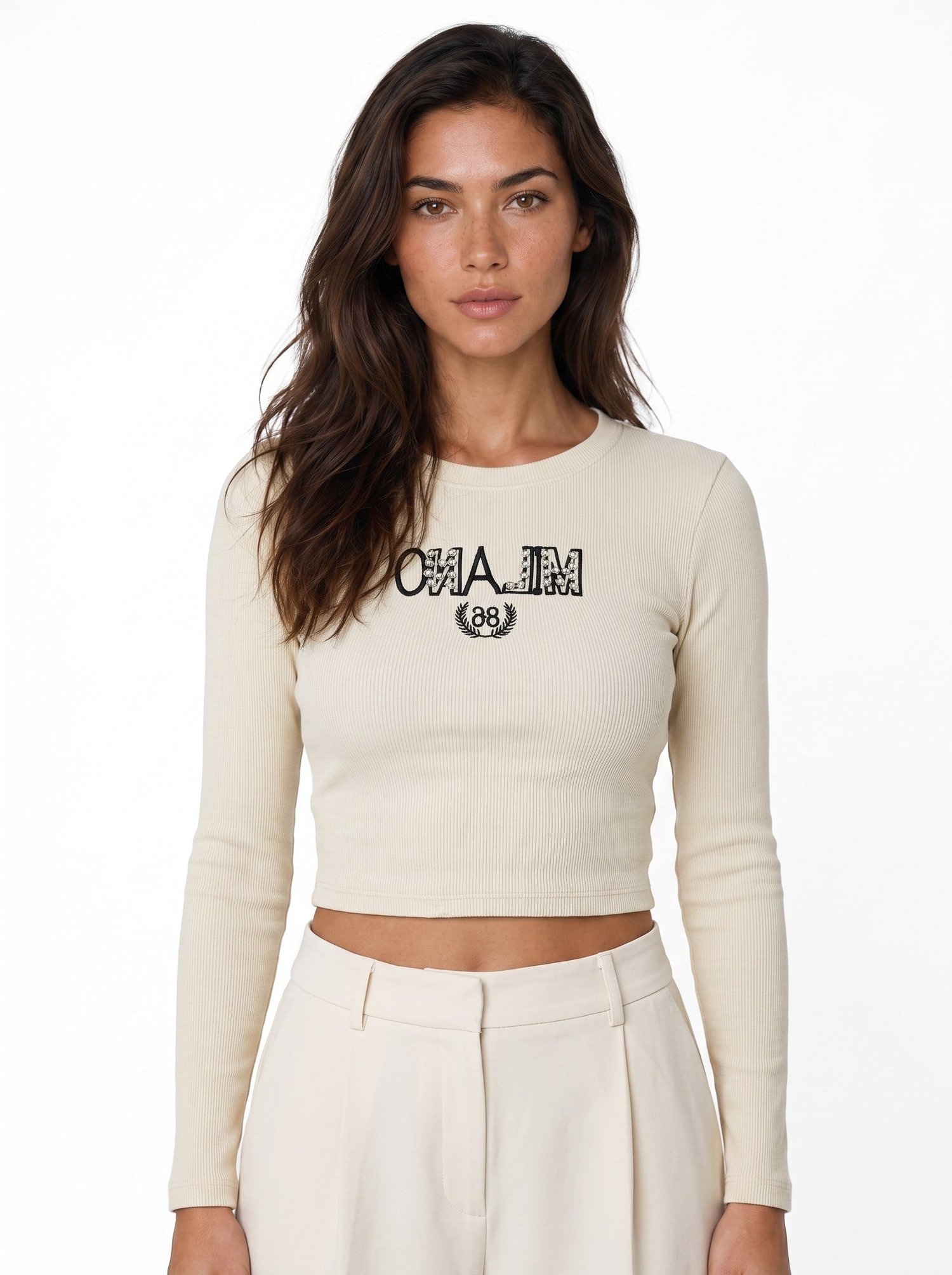 Bej Baskılı Kaşkorse Crop Bluz