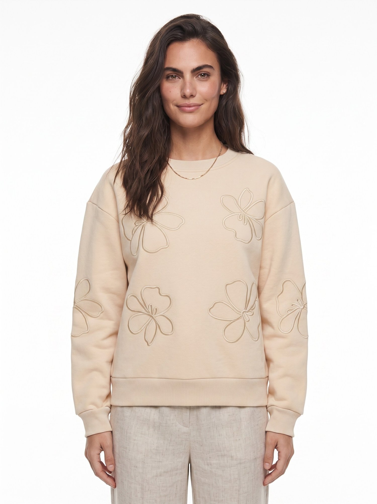 Bej Çiçek Nakışlı Sweatshirt