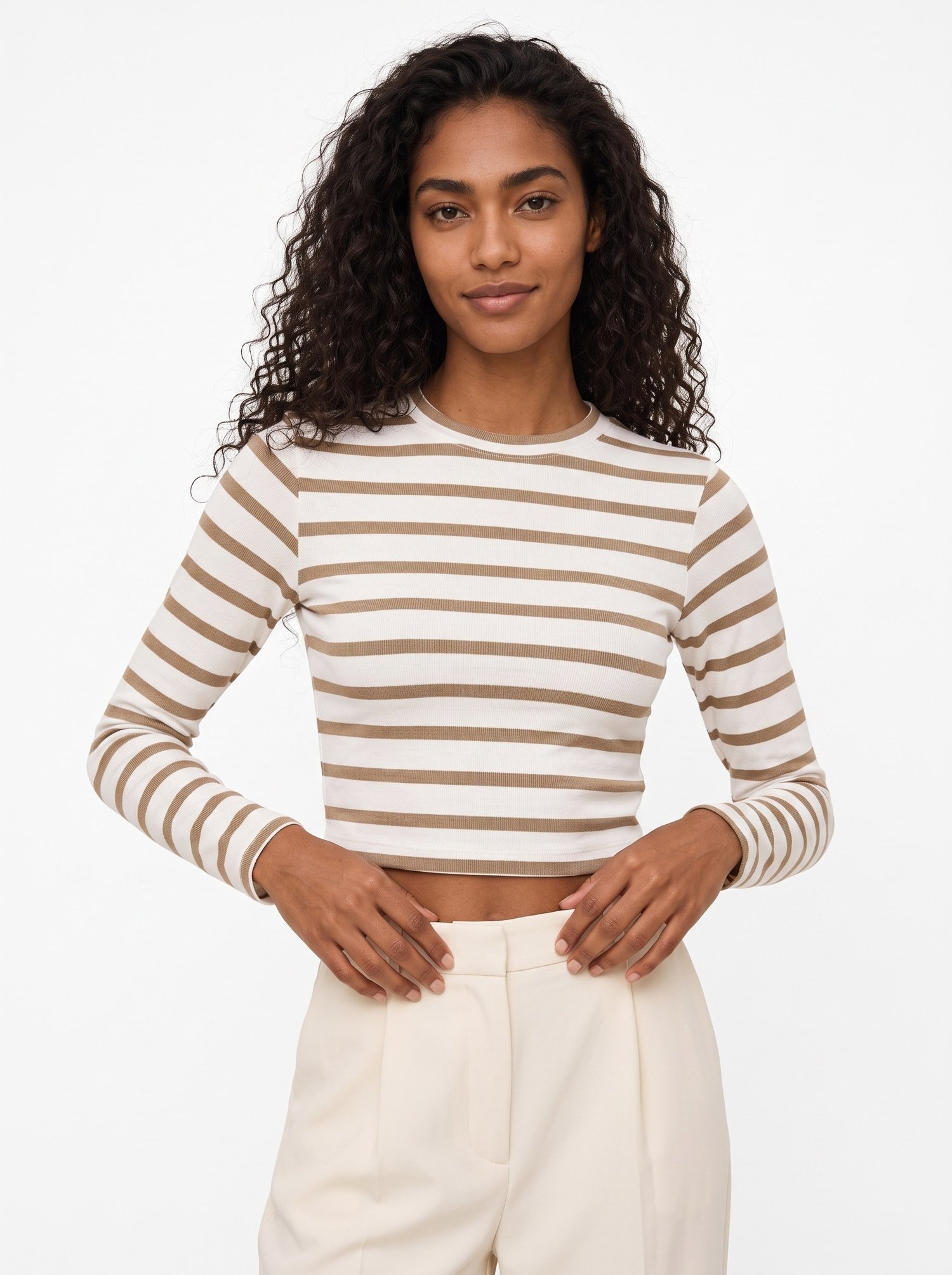 Bej Çizgili Crop Bluz