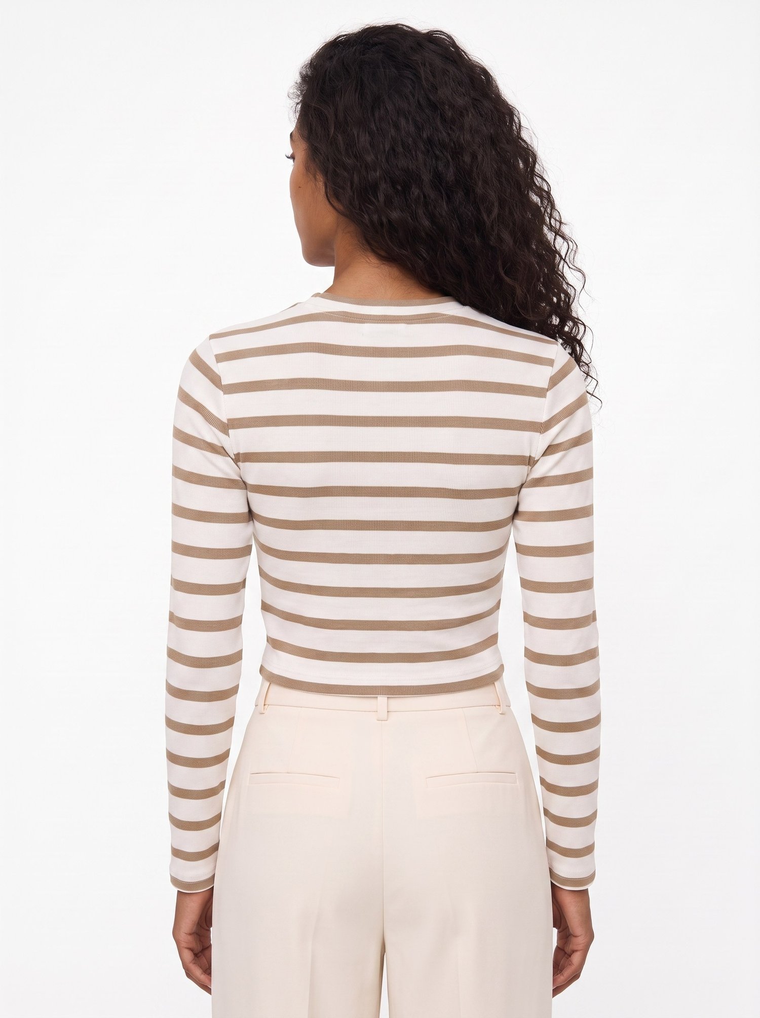 Bej Çizgili Crop Bluz