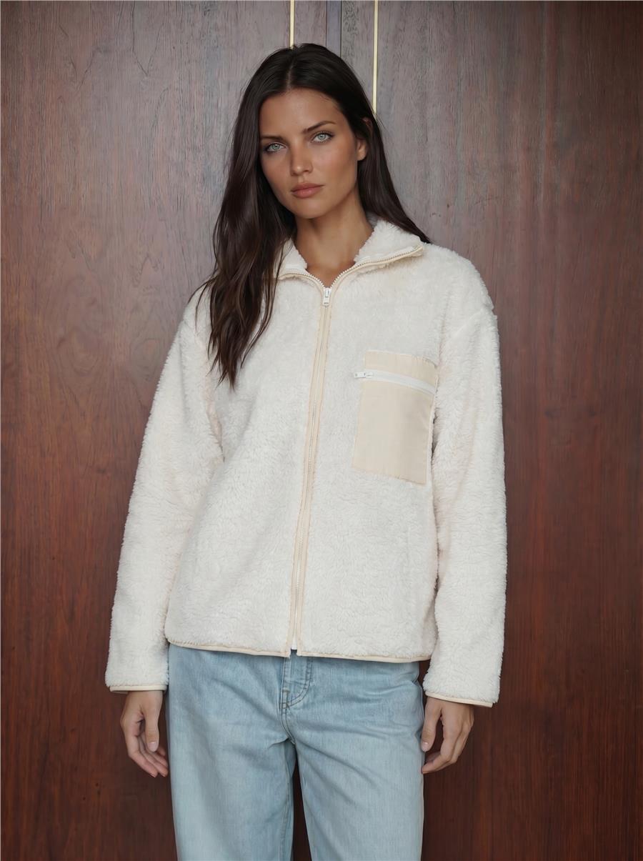 Bej Fermuarlı Oversize Peluş Ceket