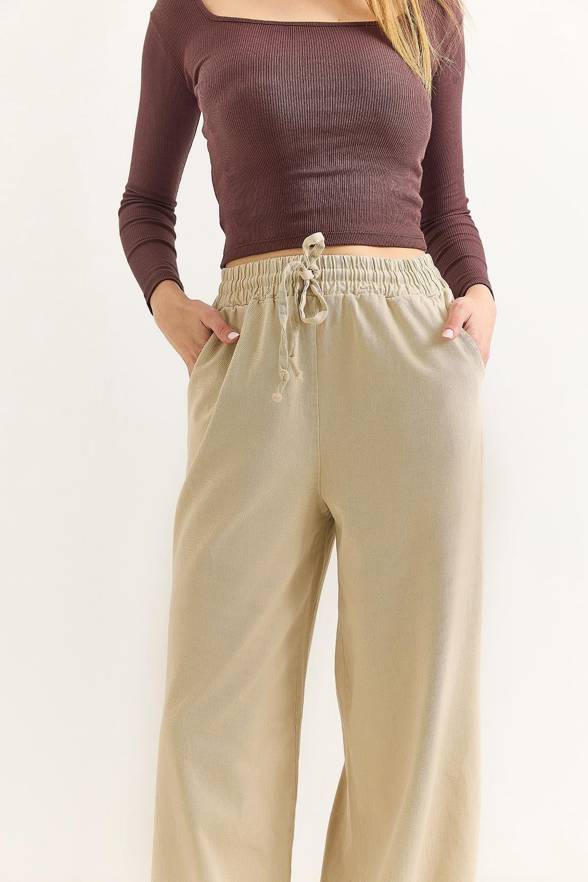 Bej Geniş Paça Pantolon