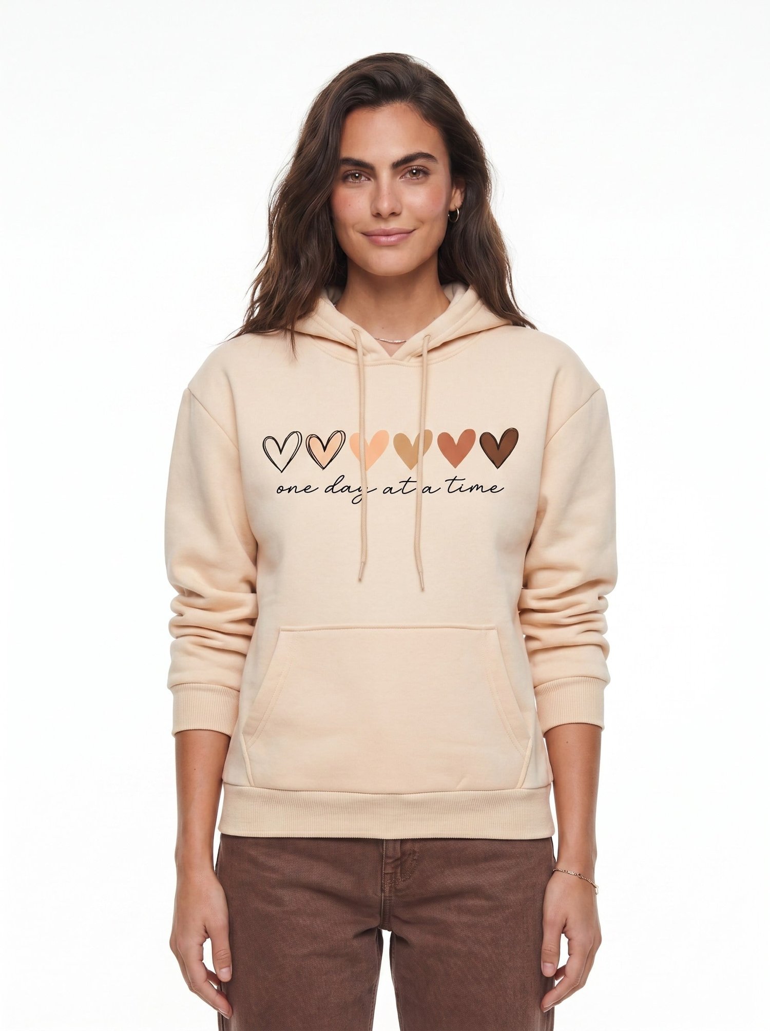Bej Kalp Baskılı Kapüşonlu Sweatshirt