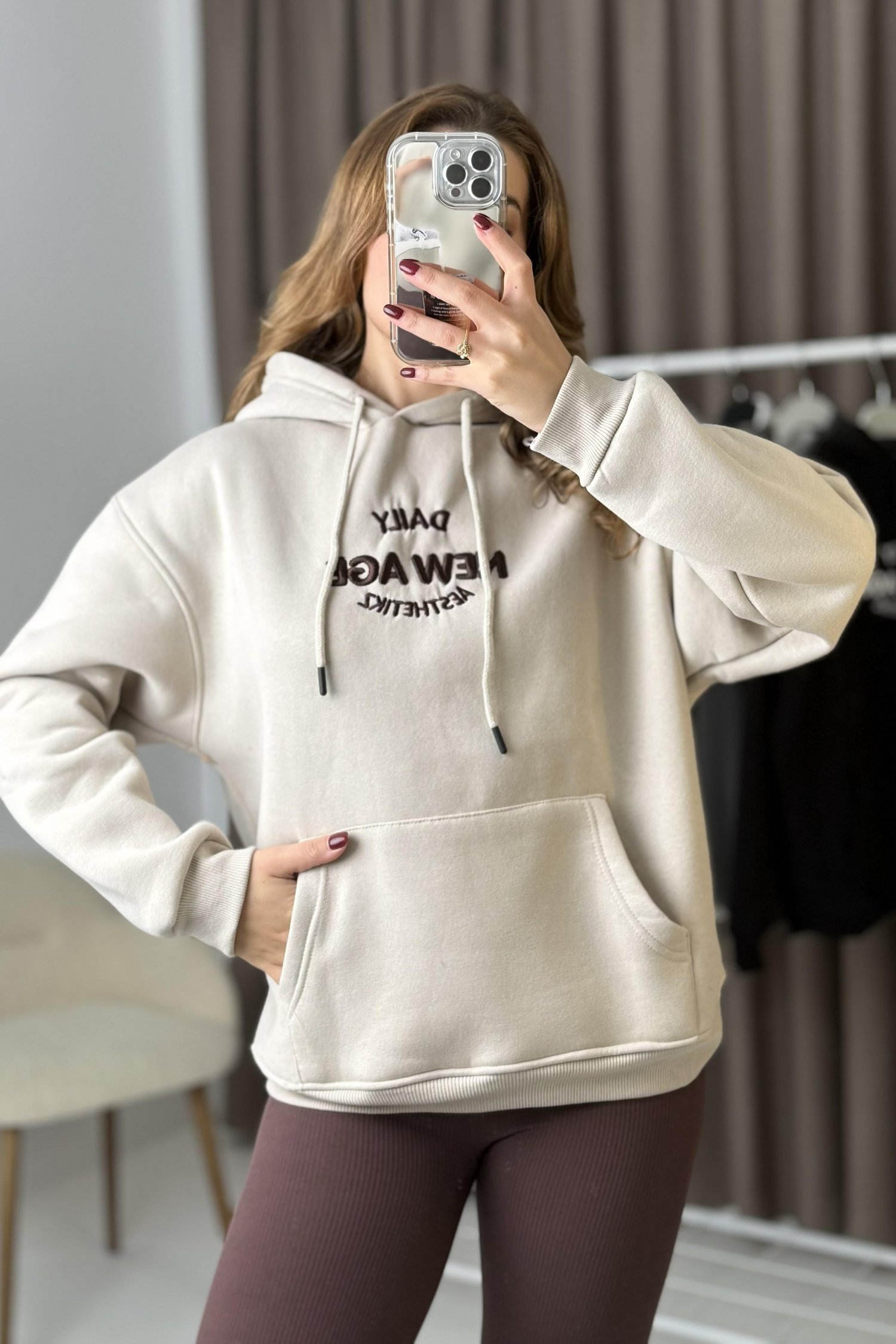 Bej Oversize Kanguru Cepli Sweatshirt