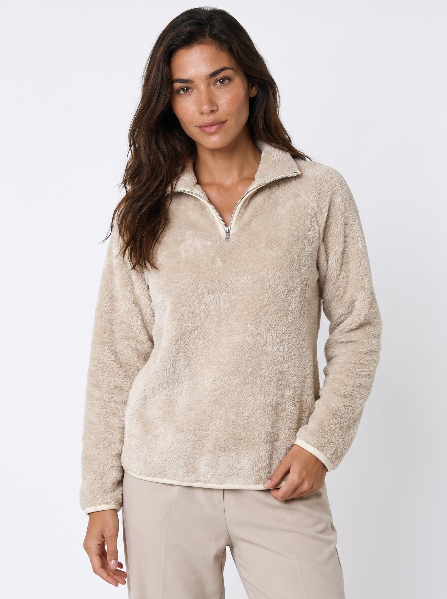 Bej Yarım Fermuarlı Peluş Sweatshirt