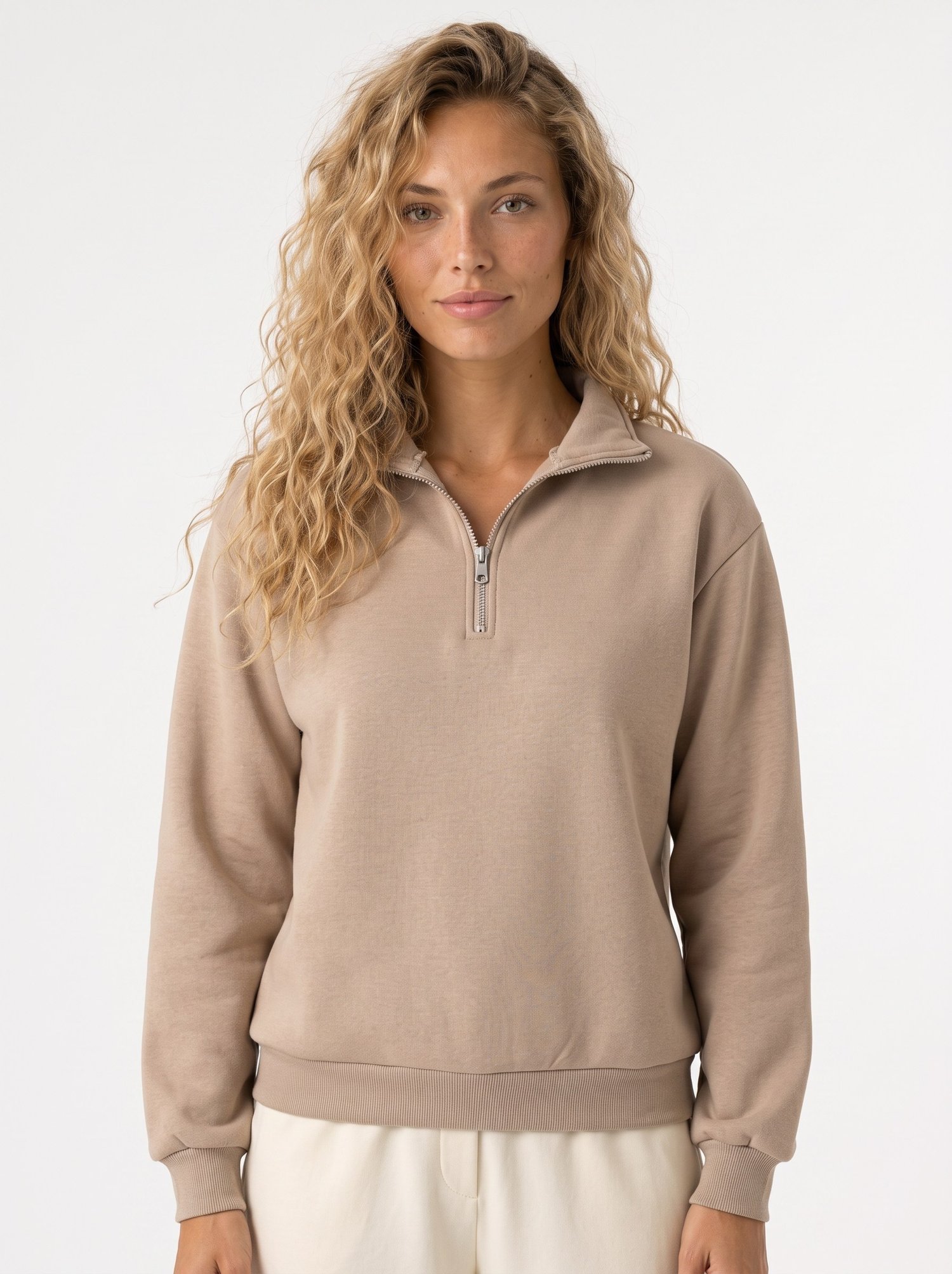 Bej Yarım Fermuarlı Sweatshirt